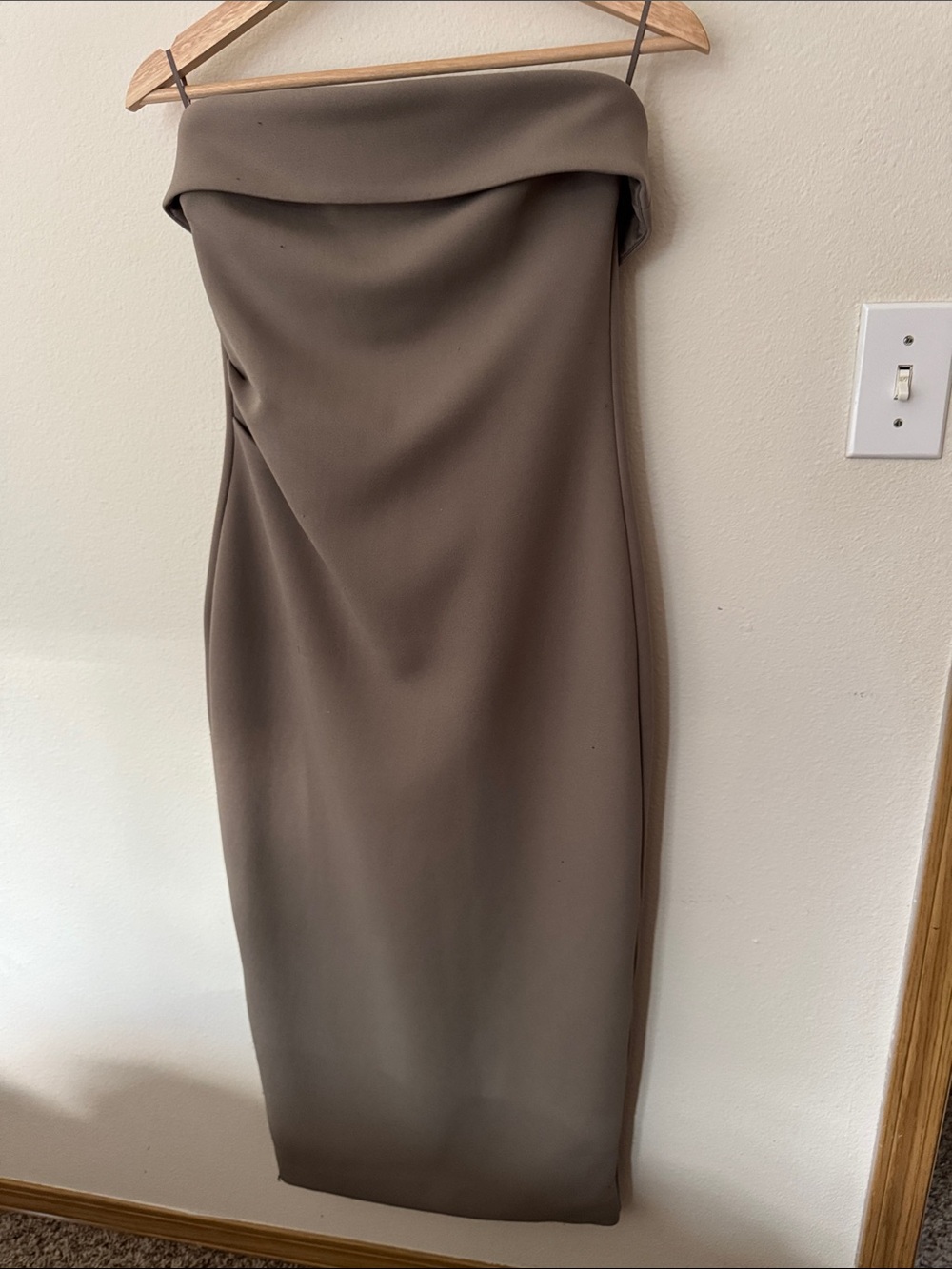 Babaton Strapless Fold-Over Sheath Dress in Taupe